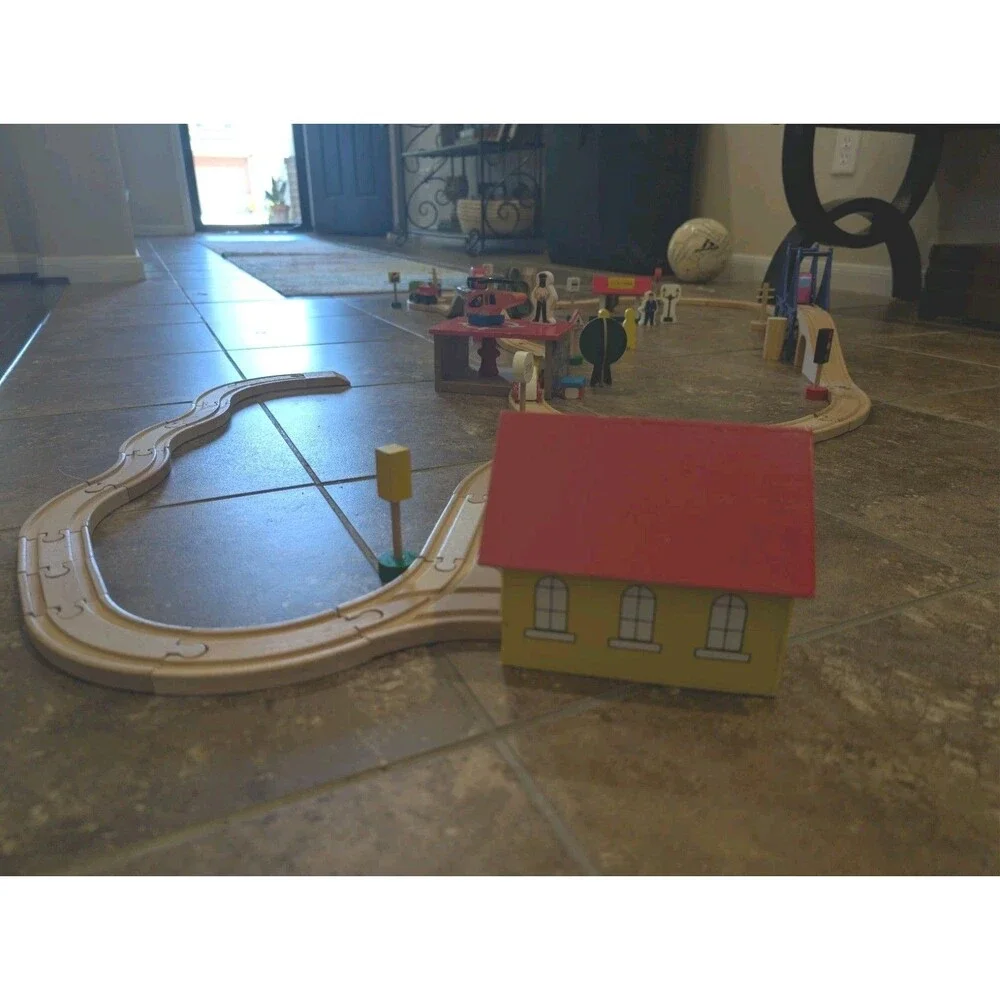 Large Wooden Train Track Set Bridge Station House Signs Accessories 50+ Pieces